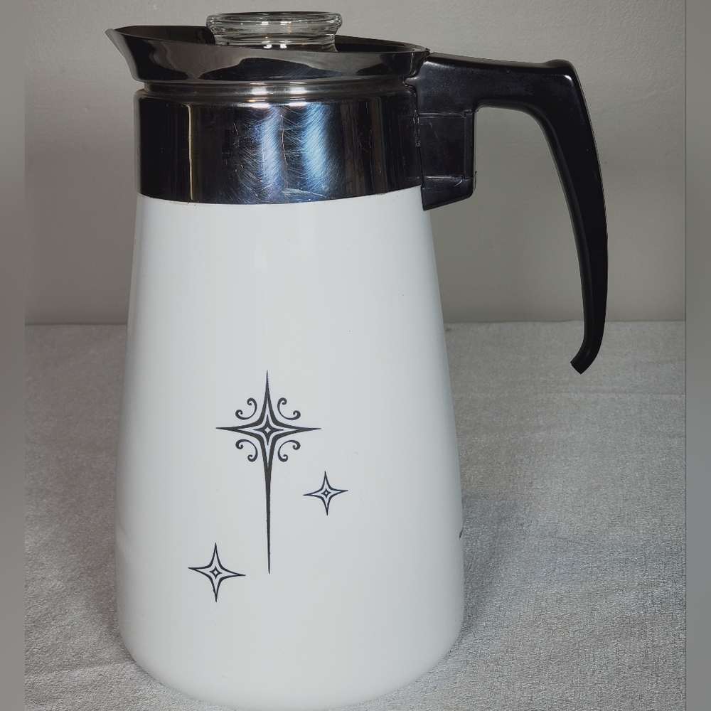 Corning Ware White and Black Starburst 9-Cup Stove Top Percolator Vintage
